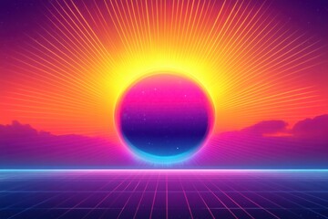 Colorful Retro Sunset with Radiant Sun and Vibrant Horizon Effects