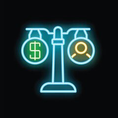 Glowing neon icon of scales balancing money and a person, symbolizing the concept of business ethics