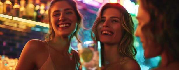 Obraz premium Happy young women enjoying cocktails at a vibrant nightclub, smiling and celebrating nightlife fun