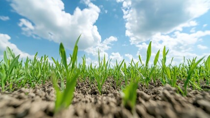 Obraz premium Young wheat sprouts growing in a field under a sunny sky. Use Agriculture, environmental themes