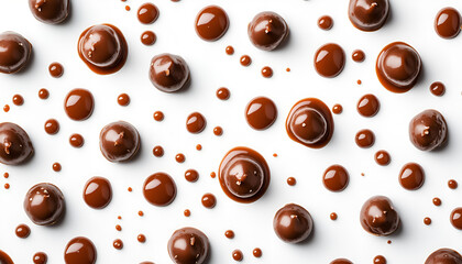 Fototapeta premium Sweet Caramel candies and syrup topping isolated on a white background. Creative layout made of caramel closeup. Flat lay. Food concept