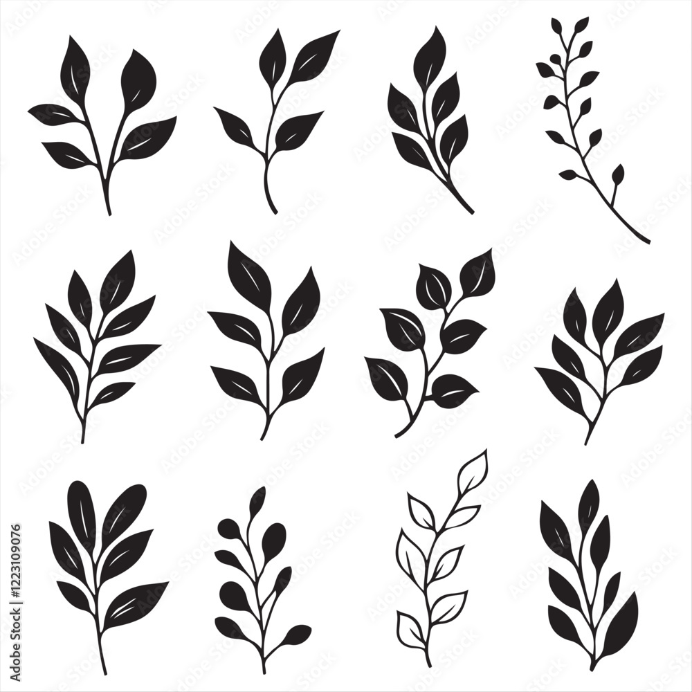 Poster set of minimalist black and white seamless pattern with leaves isolated vector collection on white b