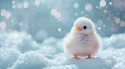 Adorable fluffy chick sitting on snow with soft bokeh background