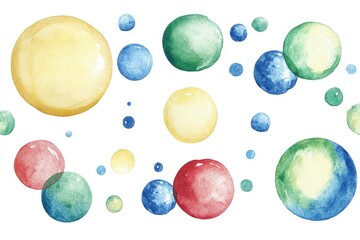 Colorful watercolor bubbles in various sizes floating against a white background, ideal for design