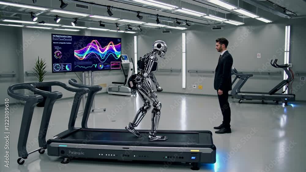 Poster robot learns to walk on treadmill in high-tech training facility demonstrating advanced robotics