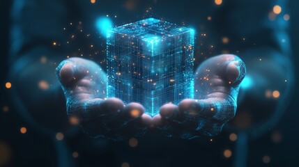 3D wireframe hands presenting a glowing AI semiconductor hologram on a soft blue technology background, highlighting elegance, innovation, and minimalistic reflections.