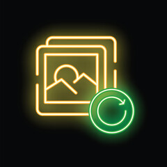 Neon glowing icon of image files with a refresh sign, indicating an update or syncing process