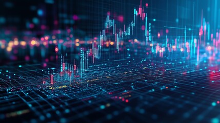 Low-poly AI chip paired with glowing stock market candlesticks on a blue tech background, blending financial innovation with neon aesthetics and futuristic vibes.