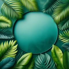 Fototapeta premium Tropical Paradise features a lush frame of vibrant green leaves on a textured emerald background, making it an ideal blank canvas for summer designs.