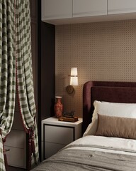 Modern bedroom in pastel tone Mocha Mousse color trend 2025 with nobody present