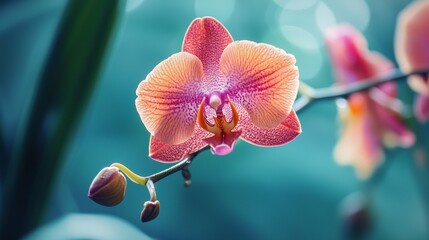 Delicate orchid flower close-up with a vibrant teal backdrop