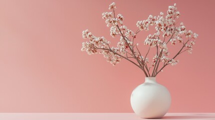 Minimalist white vase with delicate dried flowers on a pink background