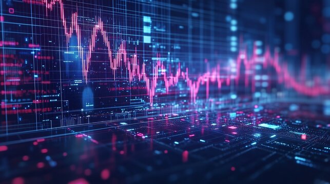 Low-poly AI chip paired with glowing stock market candlesticks on a blue tech background, blending financial innovation with neon aesthetics and futuristic vibes.