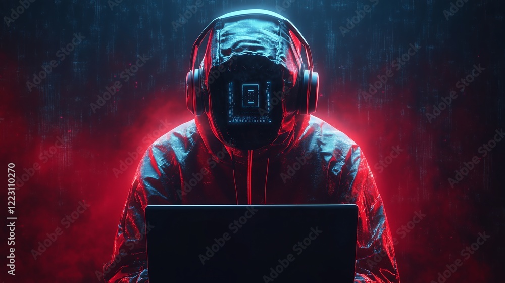 Poster anonymous hacker with a glowing laptop and ai chip on a glitchy dark tech background, combining cybe
