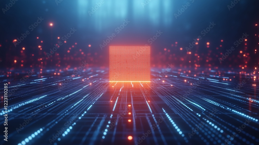 Aufkleber futuristic circuit lines radiating from a glowing central cpu processor on a sleek blue tech backgro