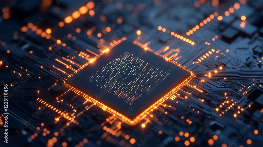 Poster softly glowing circuit lines framing a central ai chip on a futuristic blue tech background, offerin