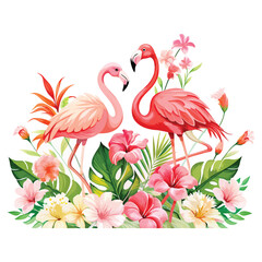 Tropical Watercolor Flower and Flamingos Vector Art illustration on isolated white background
