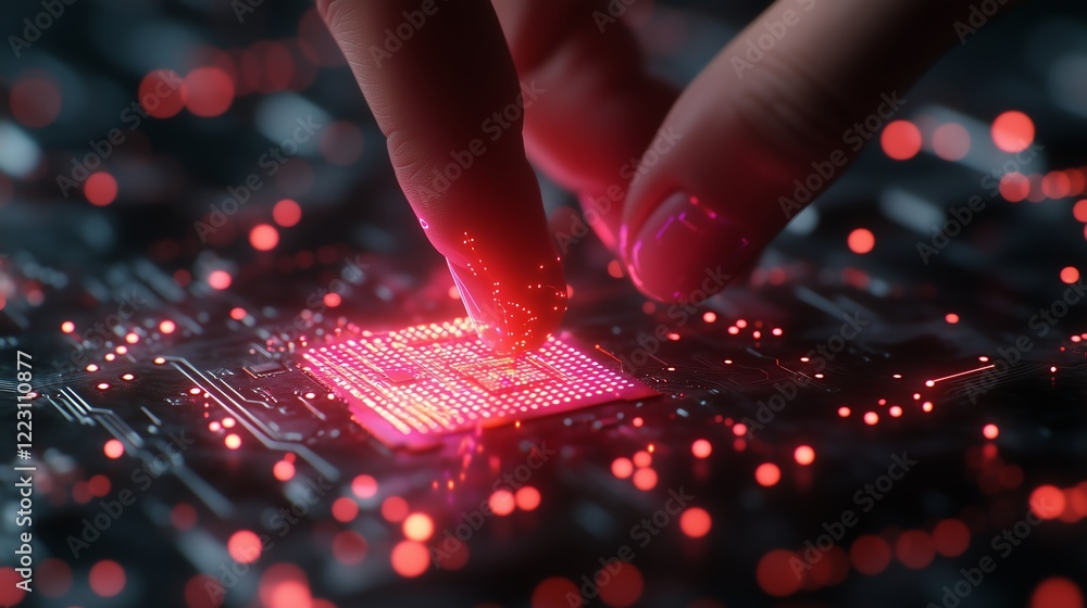 Poster wireframe hand interacting with a glowing ai chip, softly illuminated with connected lines on a slee