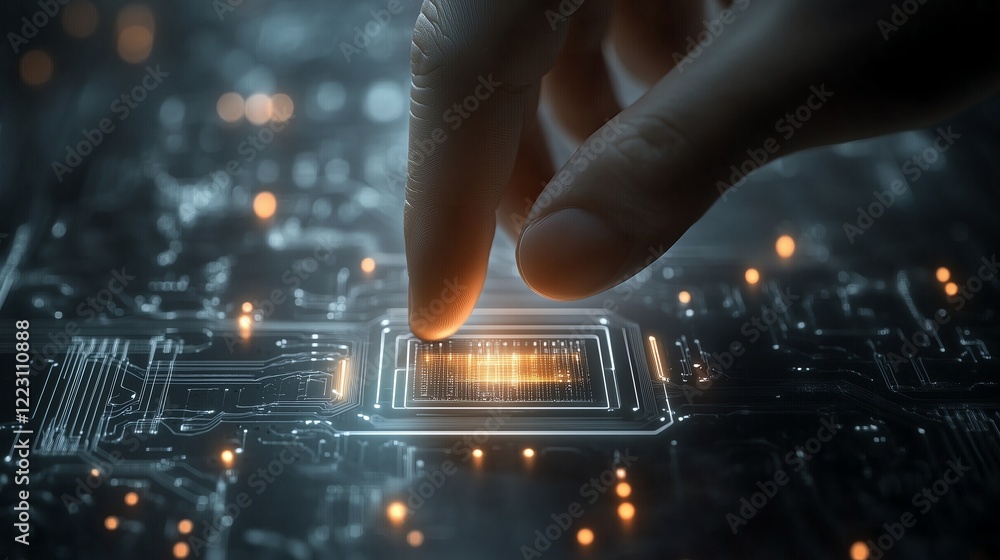 Poster wireframe hand interacting with a glowing ai chip, softly illuminated with connected lines on a slee