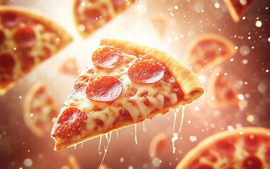 Floating pepperoni pizza slice with glowing bokeh light