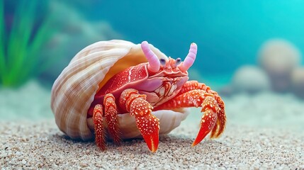 Colorful Crab Exploring Sandy Seabed with Shell and Coral Reef