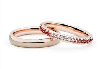 Elegant rose gold wedding rings with diamond and ruby accents on a clean white background