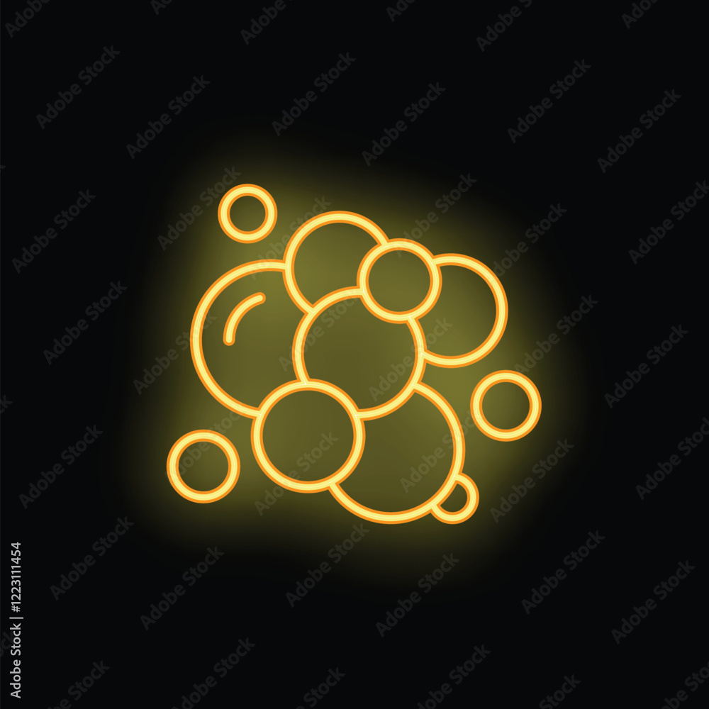 Aufkleber yellow neon sign showing multiple sizes of soap suds bubbles floating on black background