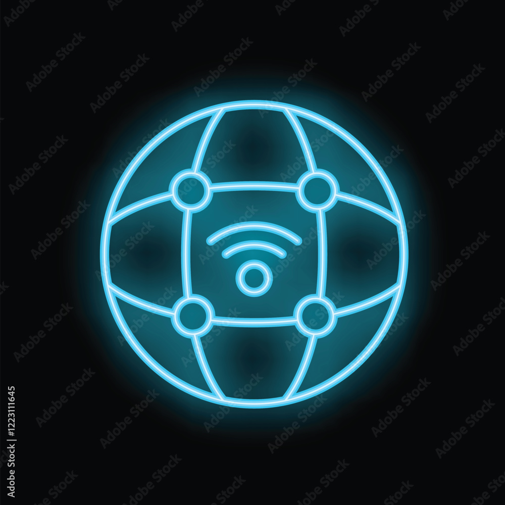Poster blue neon icon of a world globe with connection points linked by wifi signal