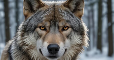 Fototapeta premium Close-up of a timber wolf's face in the midst of a snowy forest, animal close-up, wolf face