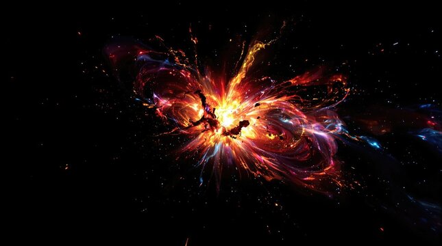 Close-up of a supernova explosion on a black background, explosion, rays, radiance, beam, light