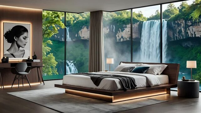 bedroom with waterfall view