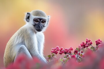 Captivating Portrait of a Young Monkey Sitting Amidst Vibrant Pink Berries Surrounded by Soft Blurred Background in Nature's Artistic Palette