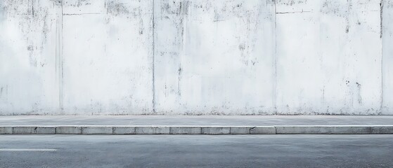 Metropolitan street flanked by a tall concrete partition adorned with white plaster, featuring a clear section for text and mockup use.