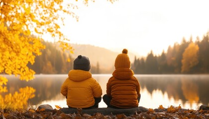 Two children in yellow jackets sitting by a serene lake surrounded by autumn foliage at sunset
