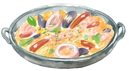 美味しそうなパエリアの水彩イラスト