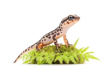 Obraz premium A spotted gecko perched on lush green moss surrounded by vibrant ferns in a serene setting
