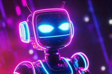 Futuristic Neon Robot With Bright Eyes in Dark Background