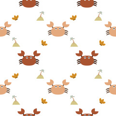 Naklejka premium Crab cartoon so cute. On shell island white background. Pattern seamless vector illustration. 