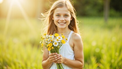 Fototapeta premium Smiling Blonde Girl Holding Wildflowers in Sunny Summer Meadow