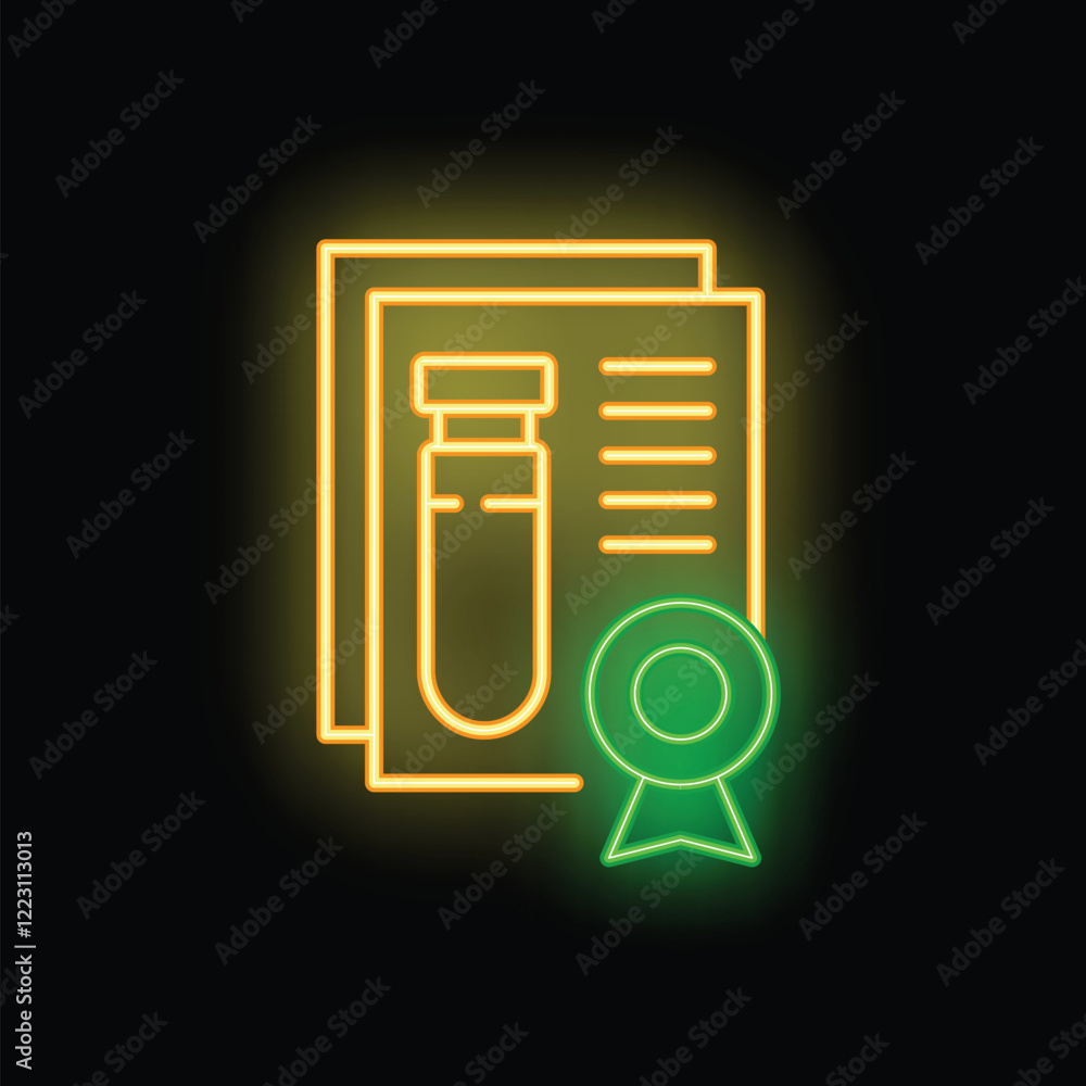 Poster glowing neon icon of a medical test result with a certificate and badge, representing successful com
