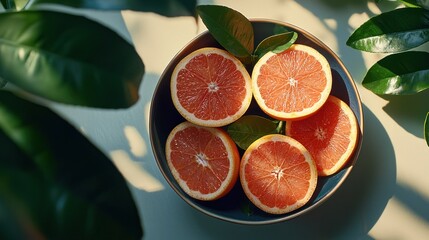 A bowl of fresh grapefruit slices on a table, surrounded by green leaves and natural light."