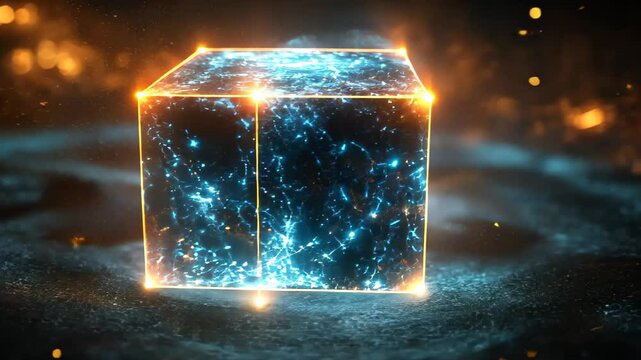 A radiant neon blue cube floats effortlessly in empty space, symbolizing technology and innovation against a transparent backdrop.