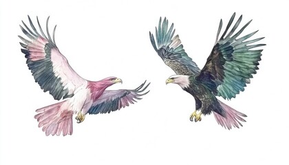 Obraz premium Two majestic eagles soaring gracefully in a clear sky, showcasing their vibrant plumage and wingspan