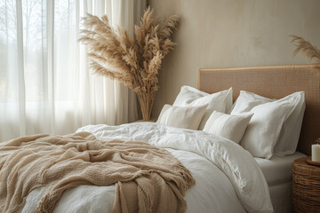 Beige blanket and white linen bedding create a sleep friendly bedroom setup, promoting relaxation and rest