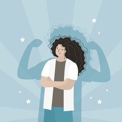 Strong woman. Cute girl and muscle arms behind her. Independence, self mind and business. Feminism, confident lady. Successful self-made lady show strength and leadership.