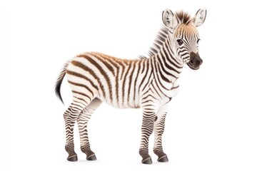 Obraz premium Young zebra standing gracefully against a white background, showcasing its unique stripes and playful demeanor
