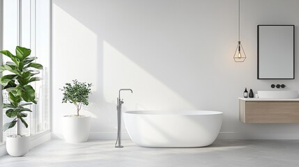 Fototapeta premium Minimalist bathroom with white tub and natural lighting