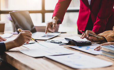 Business team meeting and financial advisor reviewing accounts and analyzing financial reports. Financial planning and business budgets. Auditor team working in office.