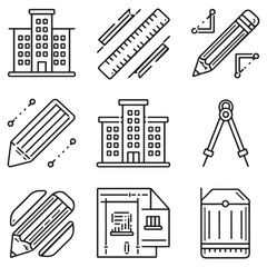 Set of outline icons related to blueprint. Linear icon collection. Editable stroke. Vector illustration