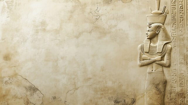 Ancient Egypt concept background with empty copy space. Egyptian pharaon horizontal banner. Ancient Egyptian God creative poster. Digital painting in photo style. AI artwork.